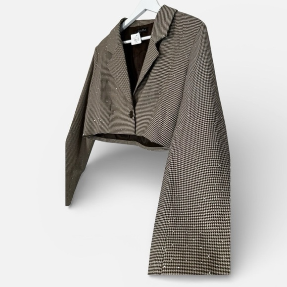 Emory Park Brown Tan Neutral Plaid Cropped Bedazzled Blazer Jacket MEDIUM NWT - Picture 3 of 9